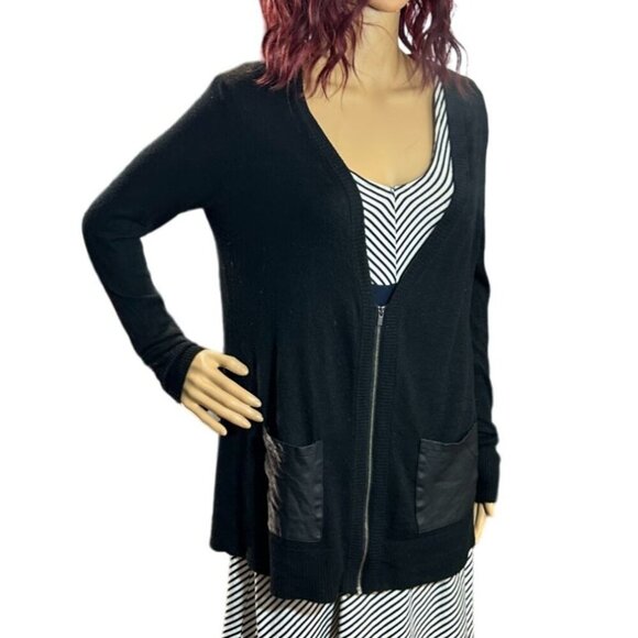 Banana Republic Leather Pocket Merino Wool Blend Cardigan in Black Size XS - Picture 6 of 8